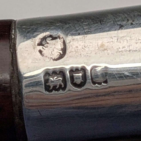 Circa 1900 British Antique Brown Handle L-Handle Sterling Silver Decorated Walking Stick, 92cm, by Julius Klinkhardt