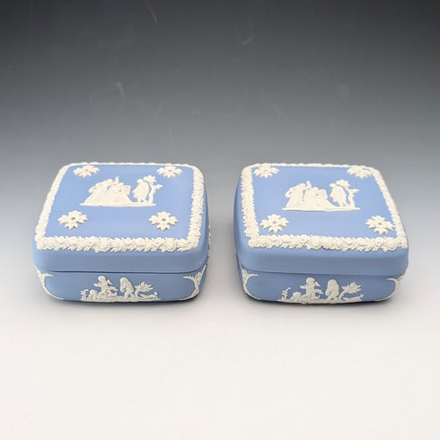 英國韋奇伍德復古碧玉方形帶蓋盒子,一對,淺藍色