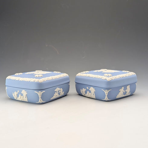 英國韋奇伍德復古碧玉方形帶蓋盒子,一對,淺藍色