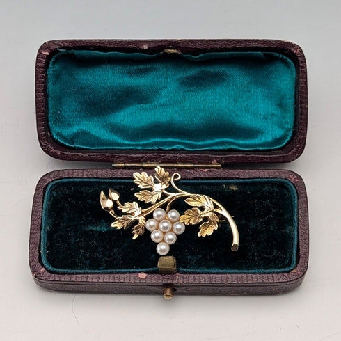 古董9克拉黃金珍珠葡萄胸針,附原廠盒