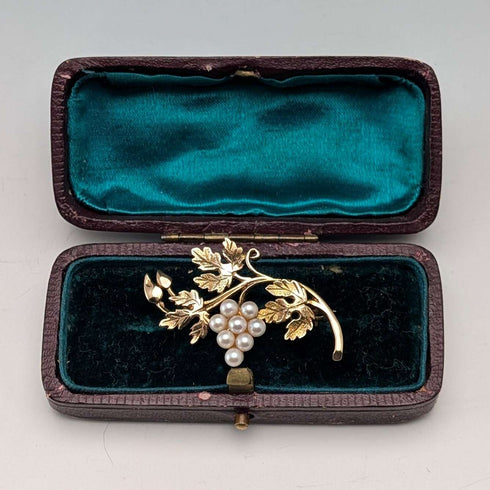 Antique 9ct Gold & Pearl Grape Brooch in Case