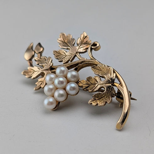 古董9克拉黃金珍珠葡萄胸針,附原廠盒