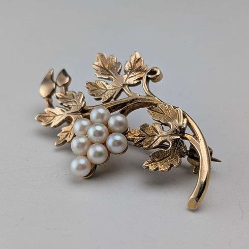 Antique 9ct Gold & Pearl Grape Brooch in Case