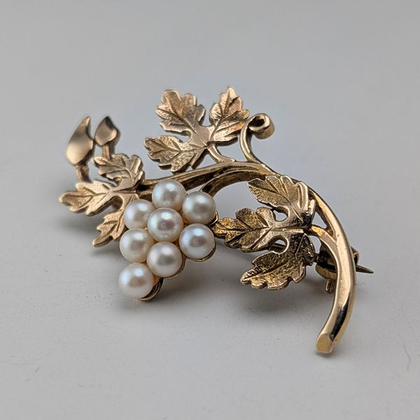 古董9克拉黃金珍珠葡萄胸針,附原廠盒