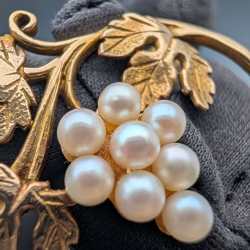 Antique 9ct Gold & Pearl Grape Brooch in Case