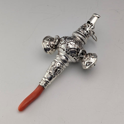 英國古董純銀「珊瑚鈴鐺」嬰兒搖鈴、哨子、安撫奶嘴