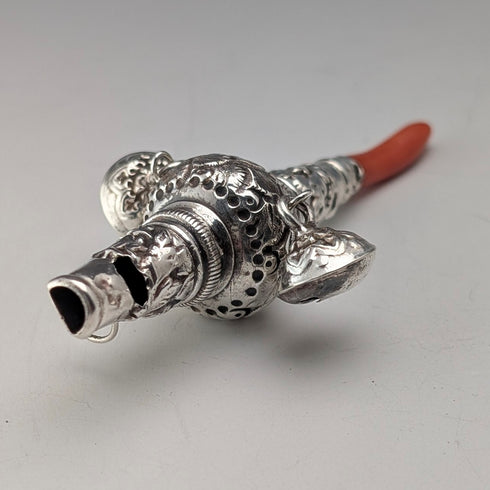 英國古董純銀「珊瑚鈴鐺」嬰兒搖鈴、哨子、安撫奶嘴