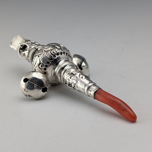 英國古董純銀「珊瑚鈴鐺」嬰兒搖鈴、哨子、安撫奶嘴