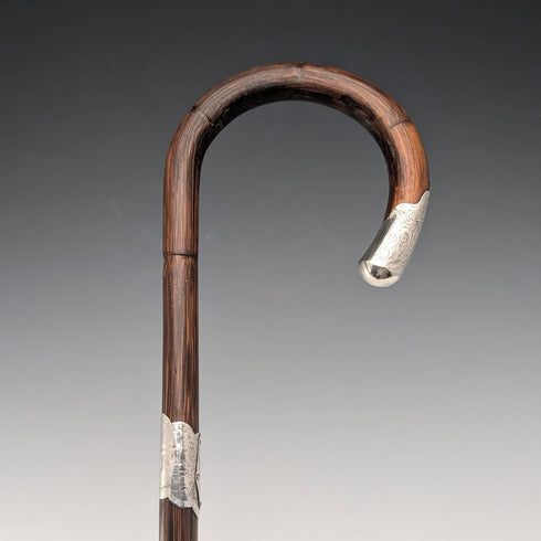 1910年英國古董棕色杖身彎柄純銀裝飾輕便手杖,90厘米