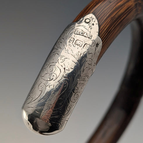 1910年英國古董棕色杖身彎柄純銀裝飾輕便手杖,90厘米