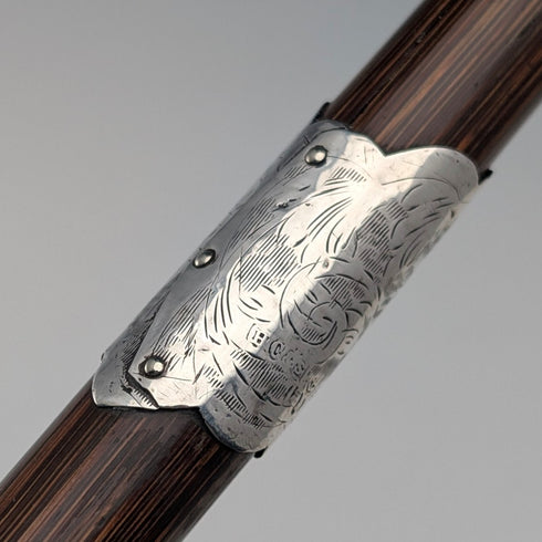 1910年英國古董棕色杖身彎柄純銀裝飾輕便手杖,90厘米