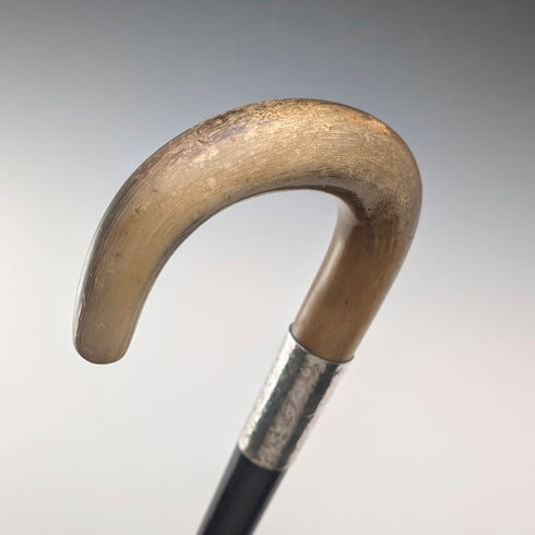 1927 British Antique Black Shaft Horn Handle Sterling Silver Walking Stick 84cm