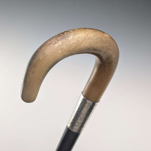 1927 British Antique Black Shaft Horn Handle Sterling Silver Walking Stick 84cm