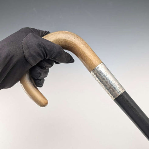 1927 British Antique Black Shaft Horn Handle Sterling Silver Walking Stick 84cm
