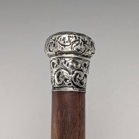 1909 British antique brown shaft engraved sterling silver walking stick with rondelle handle, 88cm