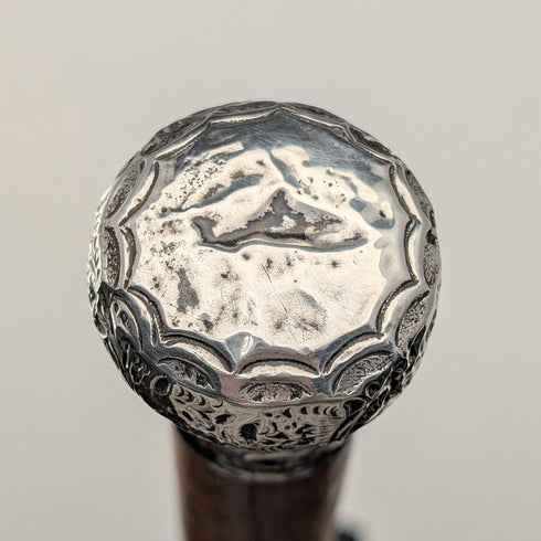 1909 British antique brown shaft engraved sterling silver walking stick with rondelle handle, 88cm