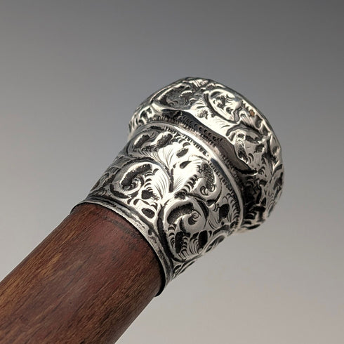 1909 British antique brown shaft engraved sterling silver walking stick with rondelle handle, 88cm