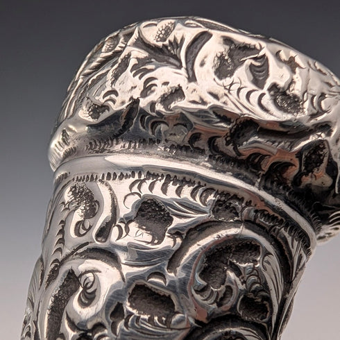 1909 British antique brown shaft engraved sterling silver walking stick with rondelle handle, 88cm