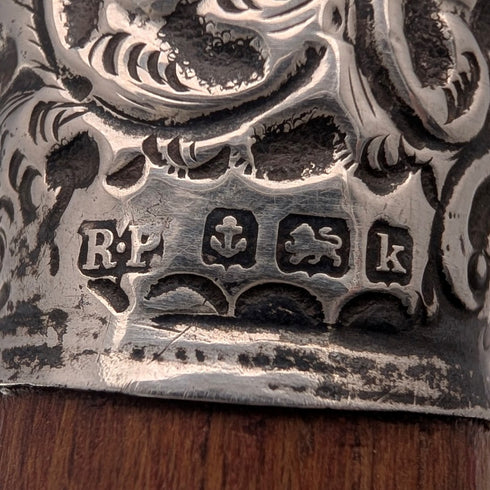 1909 British antique brown shaft engraved sterling silver walking stick with rondelle handle, 88cm