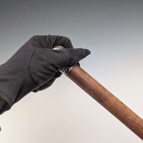 1909 British antique brown shaft engraved sterling silver walking stick with rondelle handle, 88cm
