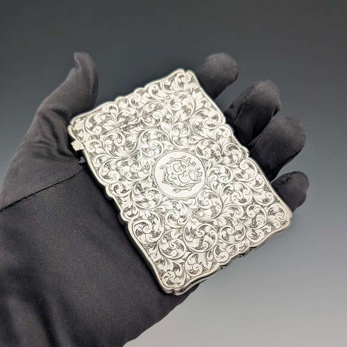 1896 British Antique Scroll-Decorated Sterling Silver Card Case, 55g, Frederick Marson