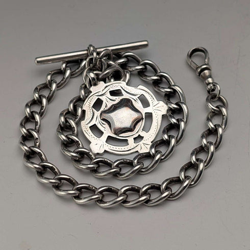 Circa 1905 British Vintage Sterling Silver Albert Chain, 54g, Sterling Silver Medal Fob