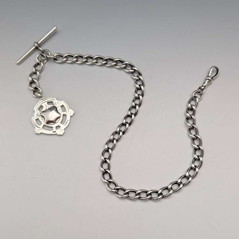 Circa 1905 British Vintage Sterling Silver Albert Chain, 54g, Sterling Silver Medal Fob