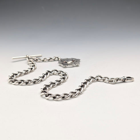 1905年頃 英国ヴィンテージ 純銀製アルバートチェーン 54g 純銀メダルフォブ