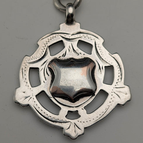 1905年頃 英国ヴィンテージ 純銀製アルバートチェーン 54g 純銀メダルフォブ