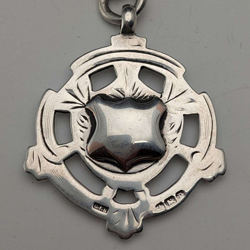 Circa 1905 British Vintage Sterling Silver Albert Chain, 54g, Sterling Silver Medal Fob