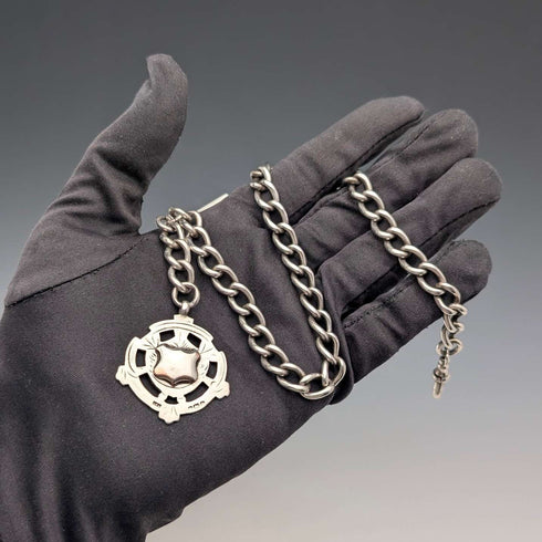 Circa 1905 British Vintage Sterling Silver Albert Chain, 54g, Sterling Silver Medal Fob