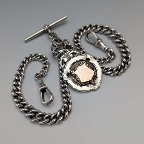 1920 British Antique Sterling Silver Double Albert Chain, 49g, Sterling Silver Medal Fob
