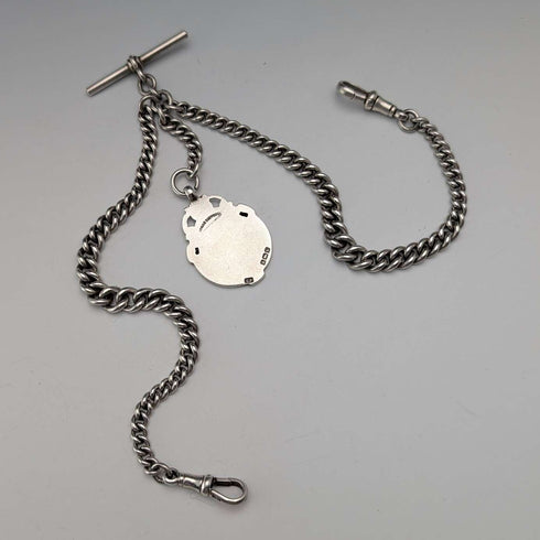 1920 British Antique Sterling Silver Double Albert Chain, 49g, Sterling Silver Medal Fob