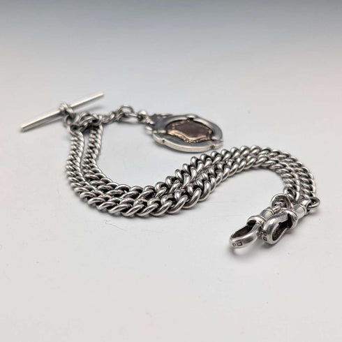 1920 British Antique Sterling Silver Double Albert Chain, 49g, Sterling Silver Medal Fob
