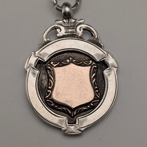 1920年 英国アンティーク 純銀製 ダブルアルバートチェーン 49g 純銀メダルフォブ