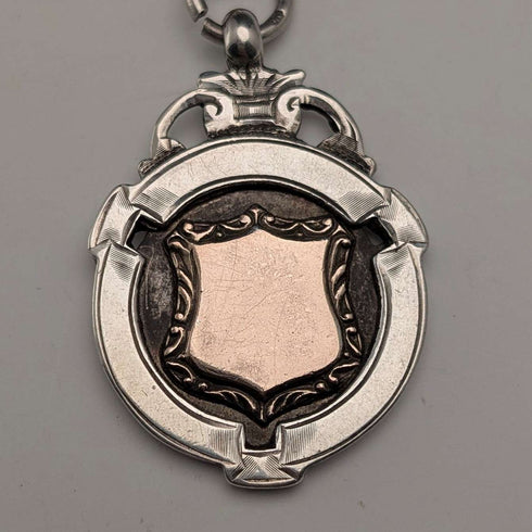 1920 British Antique Sterling Silver Double Albert Chain, 49g, Sterling Silver Medal Fob