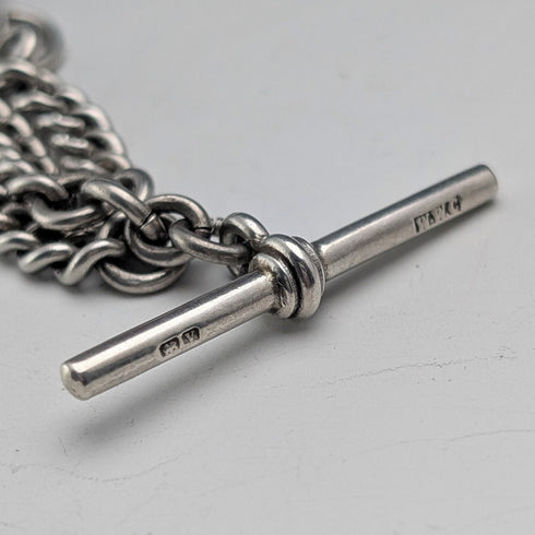 1920年 英国アンティーク 純銀製 ダブルアルバートチェーン 49g 純銀メダルフォブ