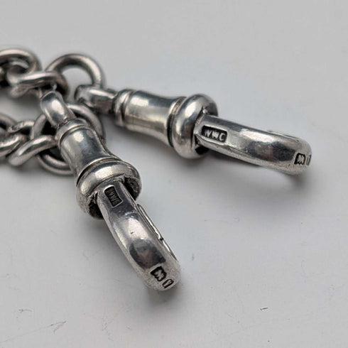 1920 British Antique Sterling Silver Double Albert Chain, 49g, Sterling Silver Medal Fob