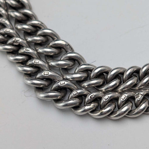 1920 British Antique Sterling Silver Double Albert Chain, 49g, Sterling Silver Medal Fob