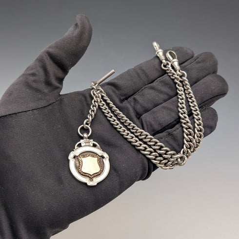 1920年 英国アンティーク 純銀製 ダブルアルバートチェーン 49g 純銀メダルフォブ