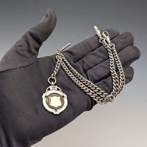 1920 British Antique Sterling Silver Double Albert Chain, 49g, Sterling Silver Medal Fob