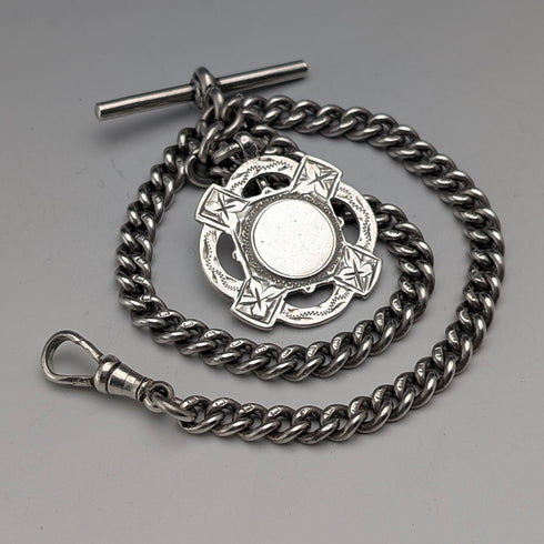 Circa 1930 British Vintage Sterling Silver Albert Chain, 38g, Sterling Silver Medal Fob