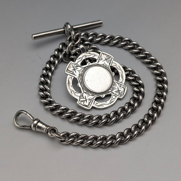 Circa 1930 British Vintage Sterling Silver Albert Chain, 38g, Sterling Silver Medal Fob