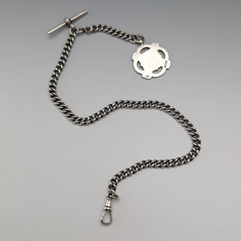 Circa 1930 British Vintage Sterling Silver Albert Chain, 38g, Sterling Silver Medal Fob