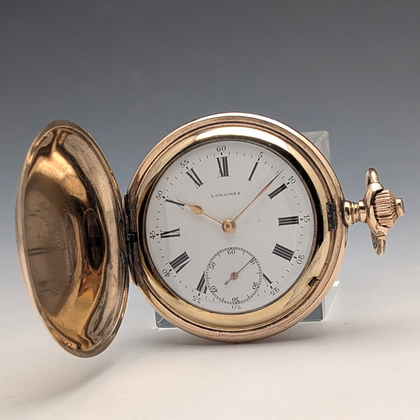 Circa 1912 Antique Longines Pocket Watch, Gold-Plated Hunter Case, Caliber 18.50, Working Condition