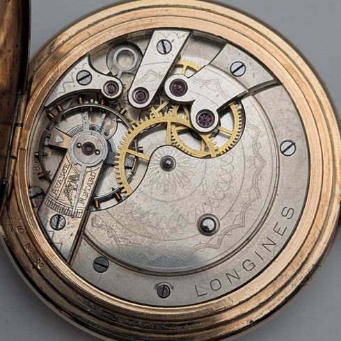 Circa 1912 Antique Longines Pocket Watch, Gold-Plated Hunter Case, Caliber 18.50, Working Condition