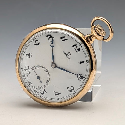 Circa 1935 Vintage Omega Pocket Watch, Gold-Plated Open Face, Denison Case, Working Condition: Excellent
