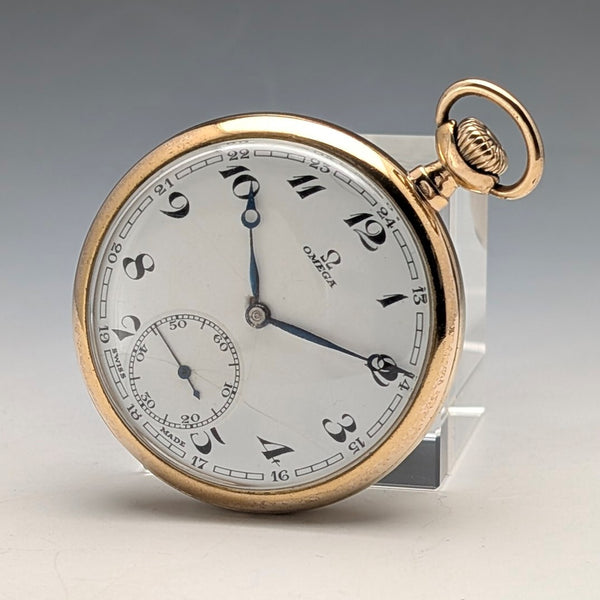 Circa 1935 Vintage Omega Pocket Watch, Gold-Plated Open Face, Denison Case, Working Condition: Excellent