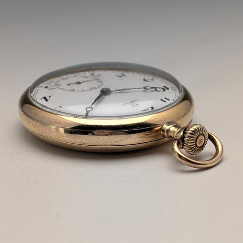 Circa 1935 Vintage Omega Pocket Watch, Gold-Plated Open Face, Denison Case, Working Condition: Excellent