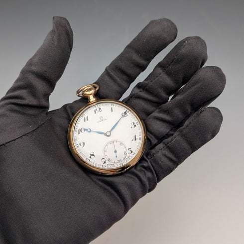 Circa 1935 Vintage Omega Pocket Watch, Gold-Plated Open Face, Denison Case, Working Condition: Excellent